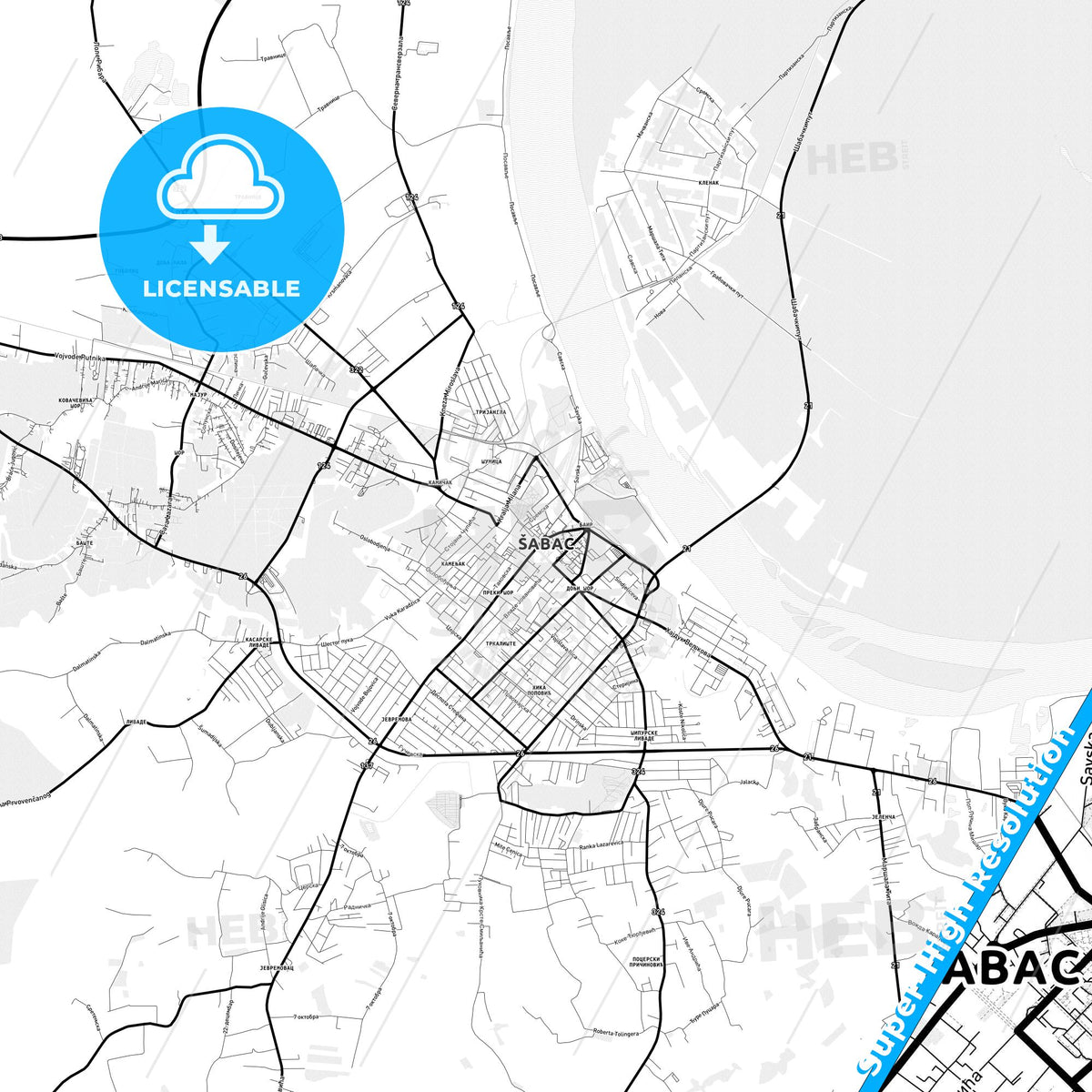 Šabac, Serbia Light Map with Street Names, City Names, and Districts