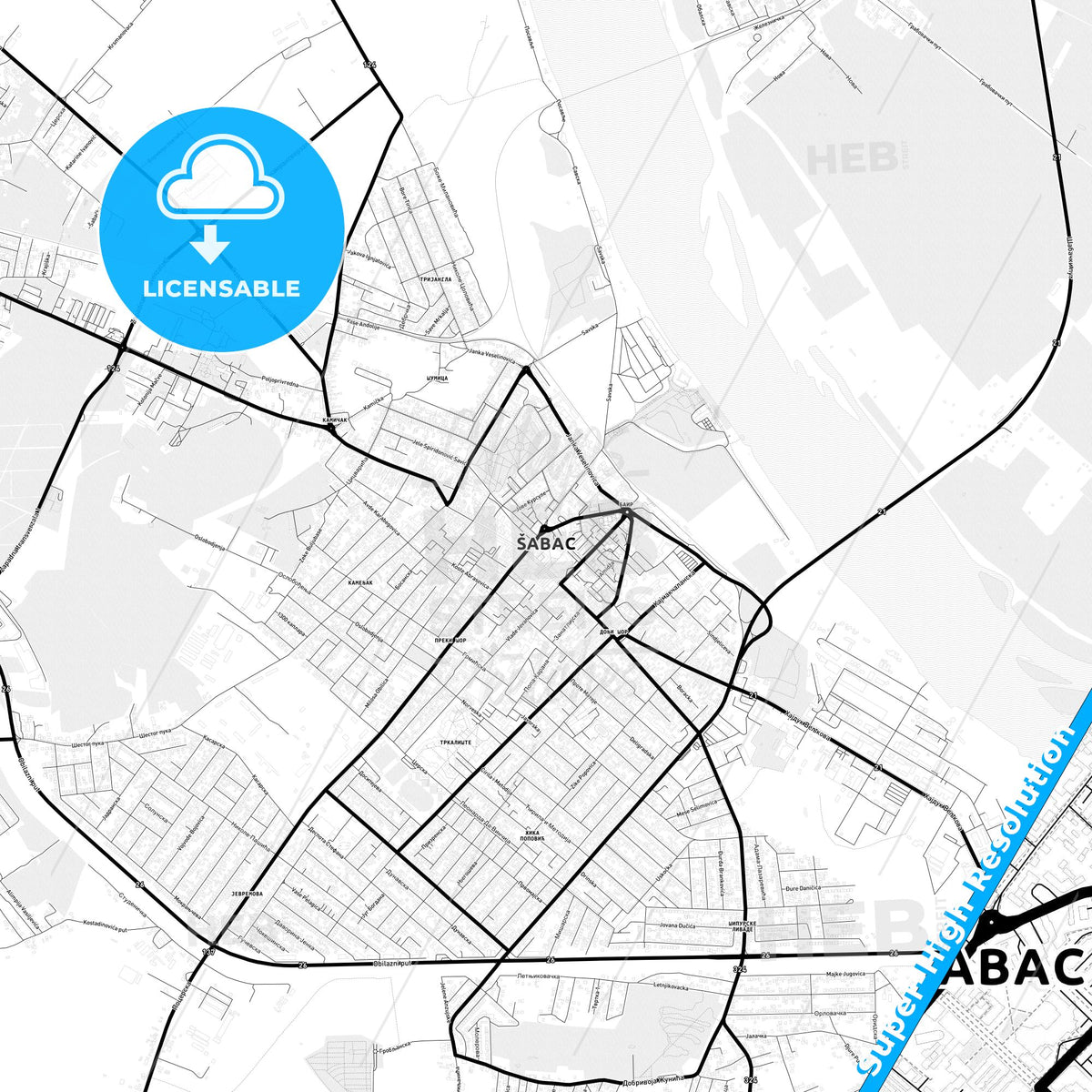 Šabac, Serbia Light Map with Street Names, City Names, and Districts