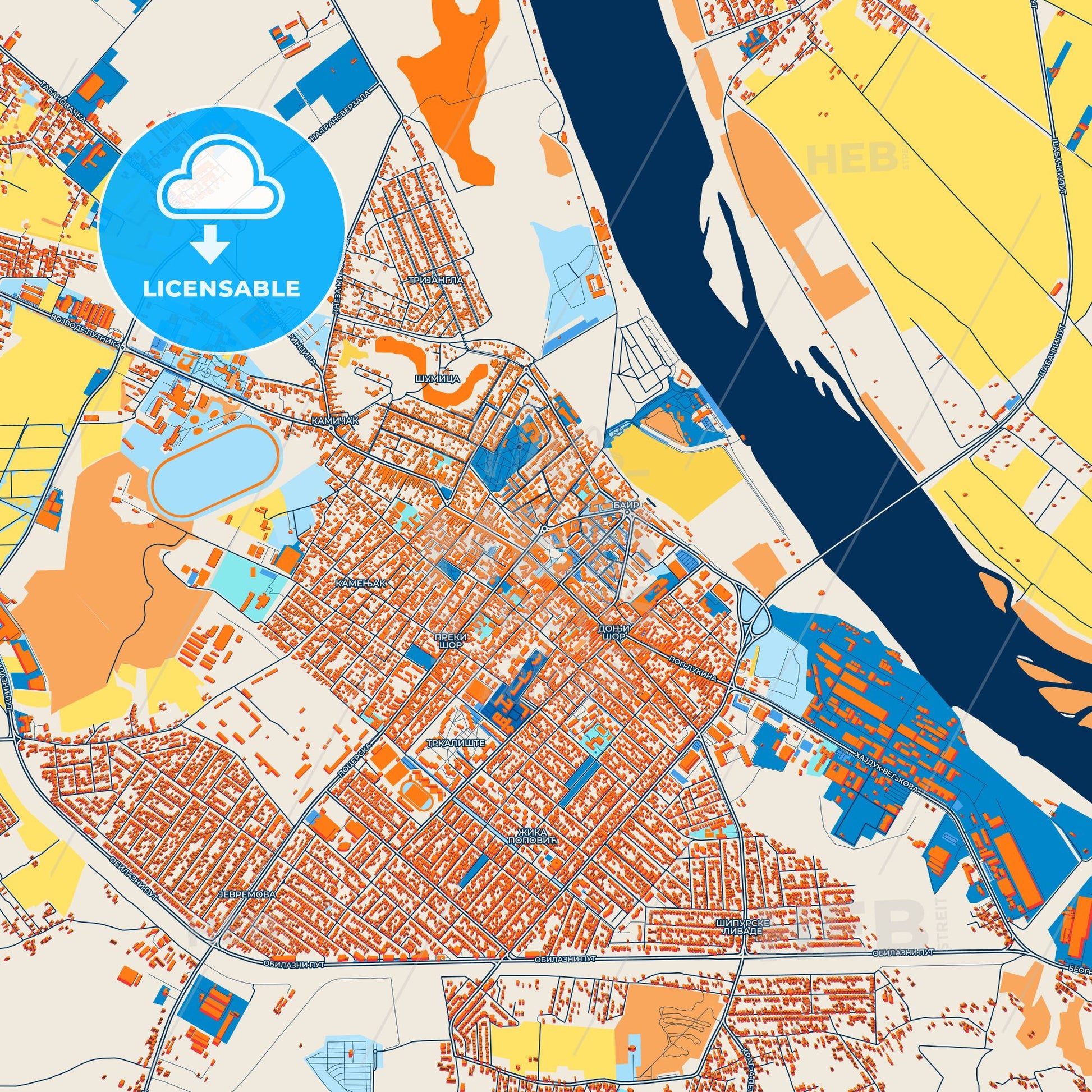 Colorful Šabac Street Map with Labels and Buildings