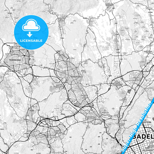Sabadell, Spain light map with streetnames, citynames and districts