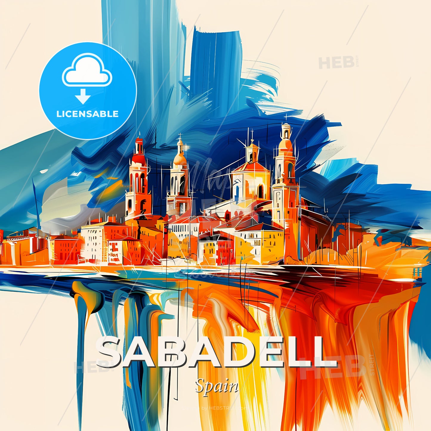 Vibrant Sabadell, Spain - A Painting Of A Skyline With A Colorful Building - Square format print template