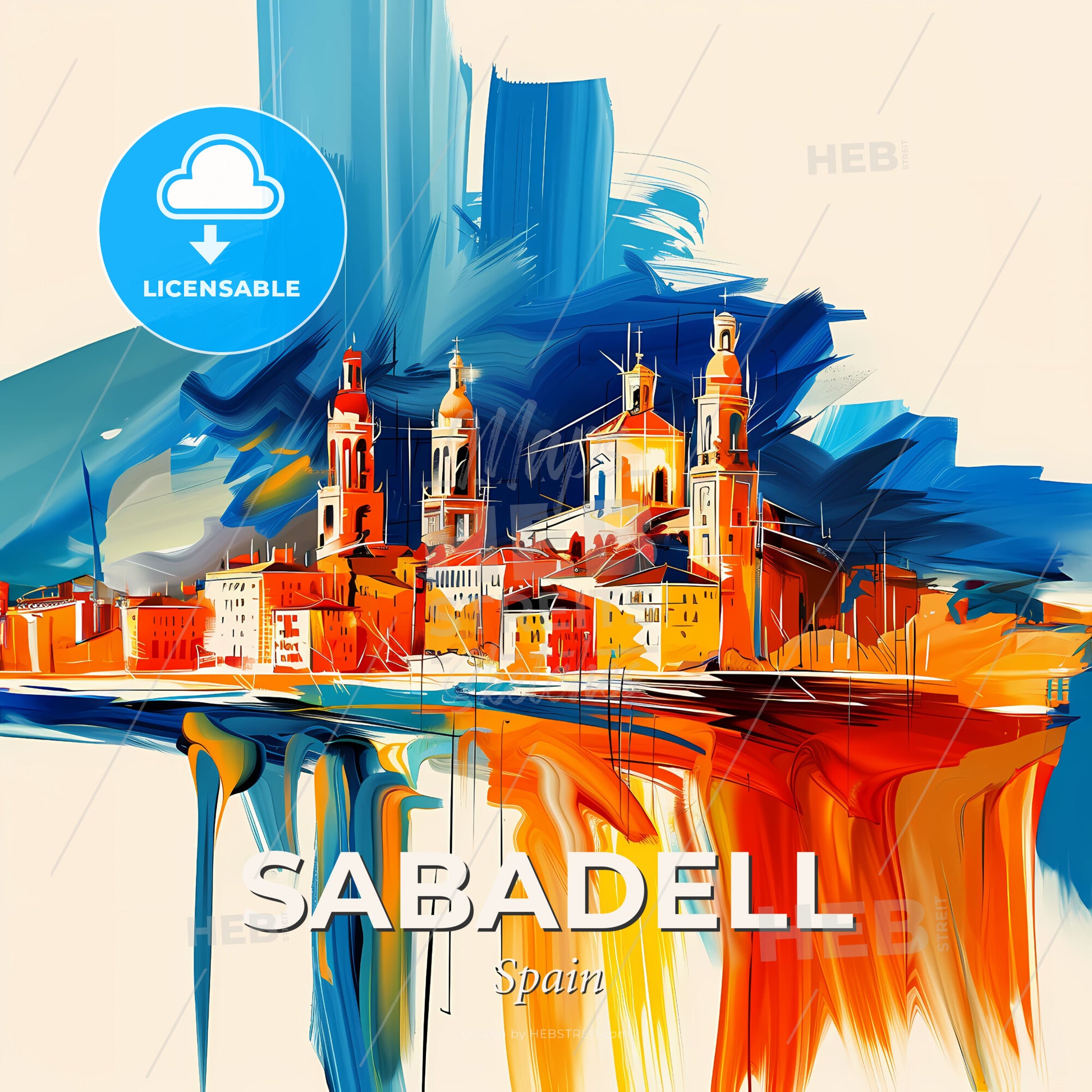 Vibrant Sabadell, Spain - A Painting Of A Skyline With A Colorful Building - Square format print template