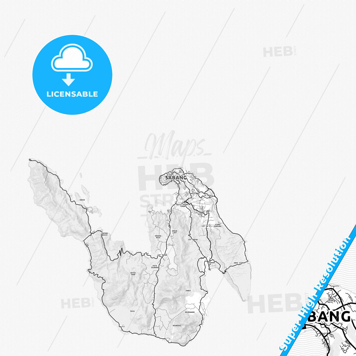 Sabang, Indonesia light map with streetnames, citynames and districts