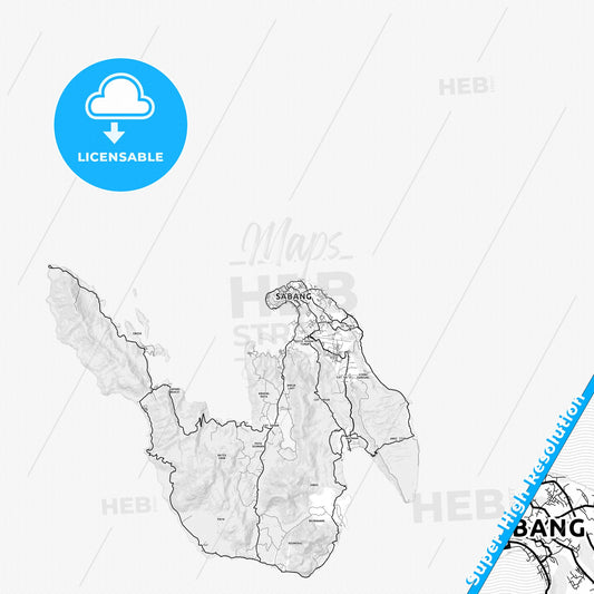 Sabang, Indonesia light map with streetnames, citynames and districts