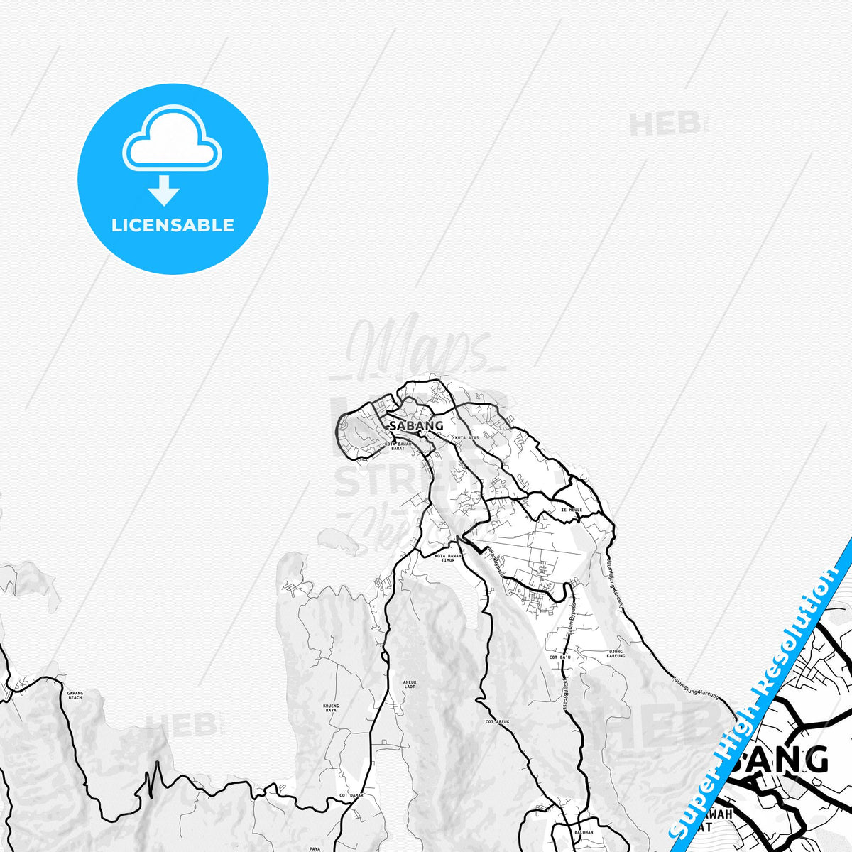 Sabang, Indonesia Light Map with Street Names, City Names, and Districts