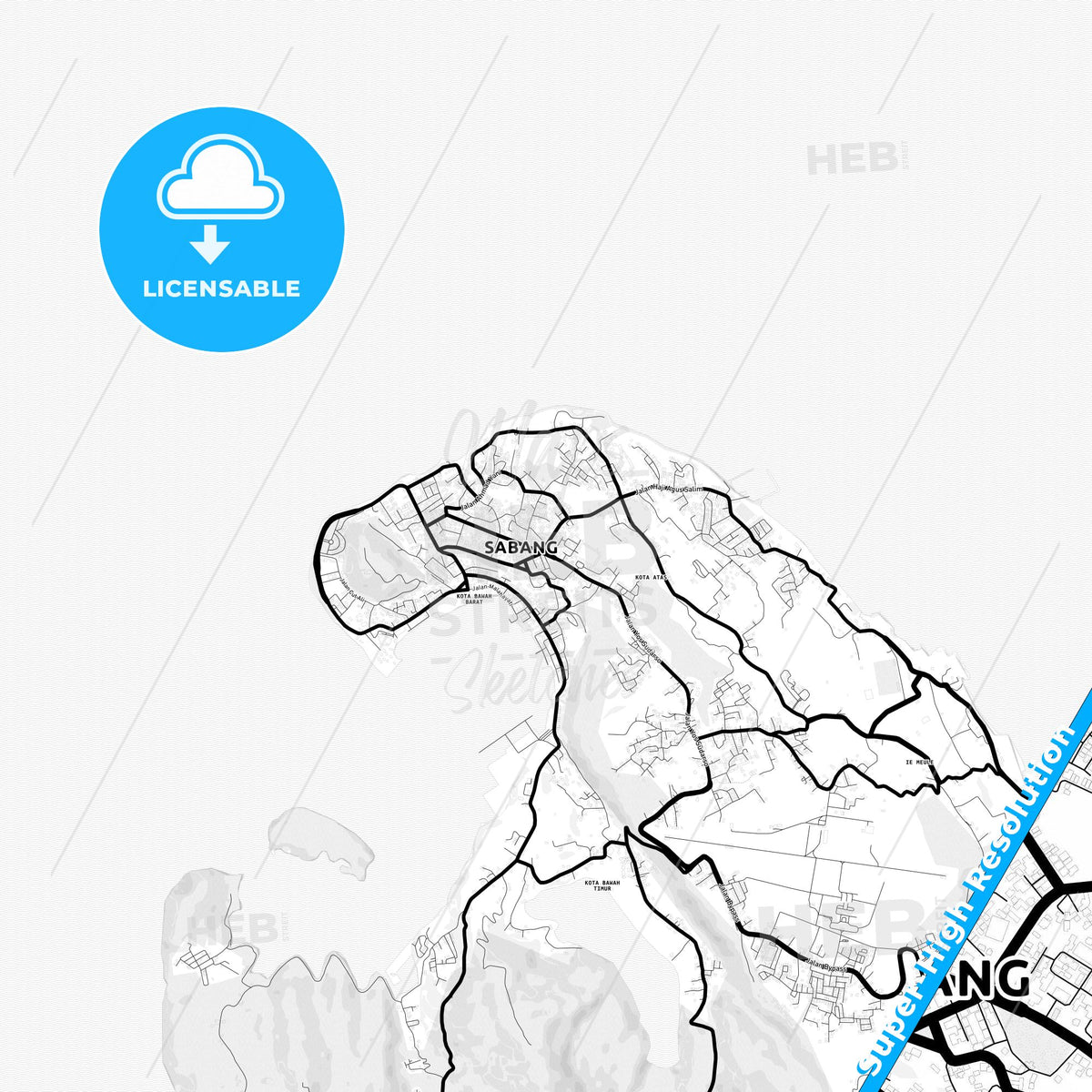 Sabang, Indonesia Light Map with Street Names, City Names, and Districts