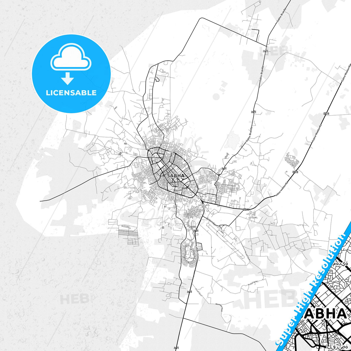 Sabha, Libya light map with streetnames, citynames and districts
