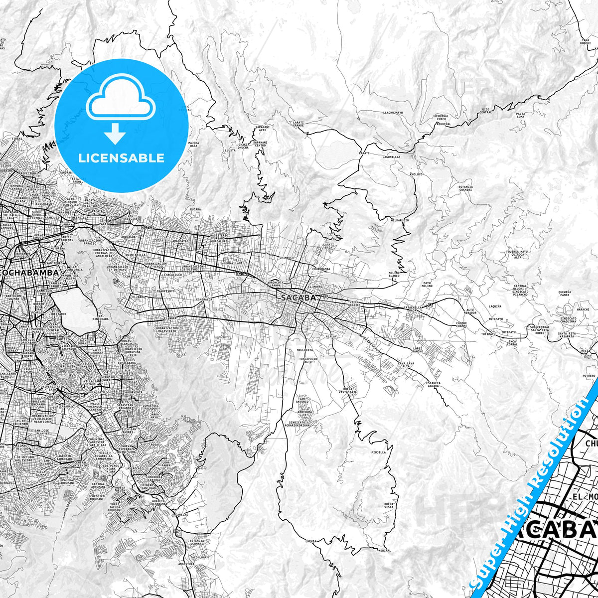 Sacaba, Bolivia light map with streetnames, citynames and districts