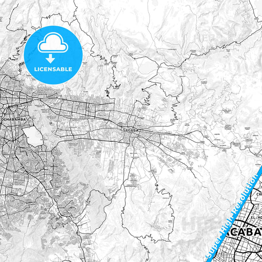 Sacaba, Bolivia light map with streetnames, citynames and districts