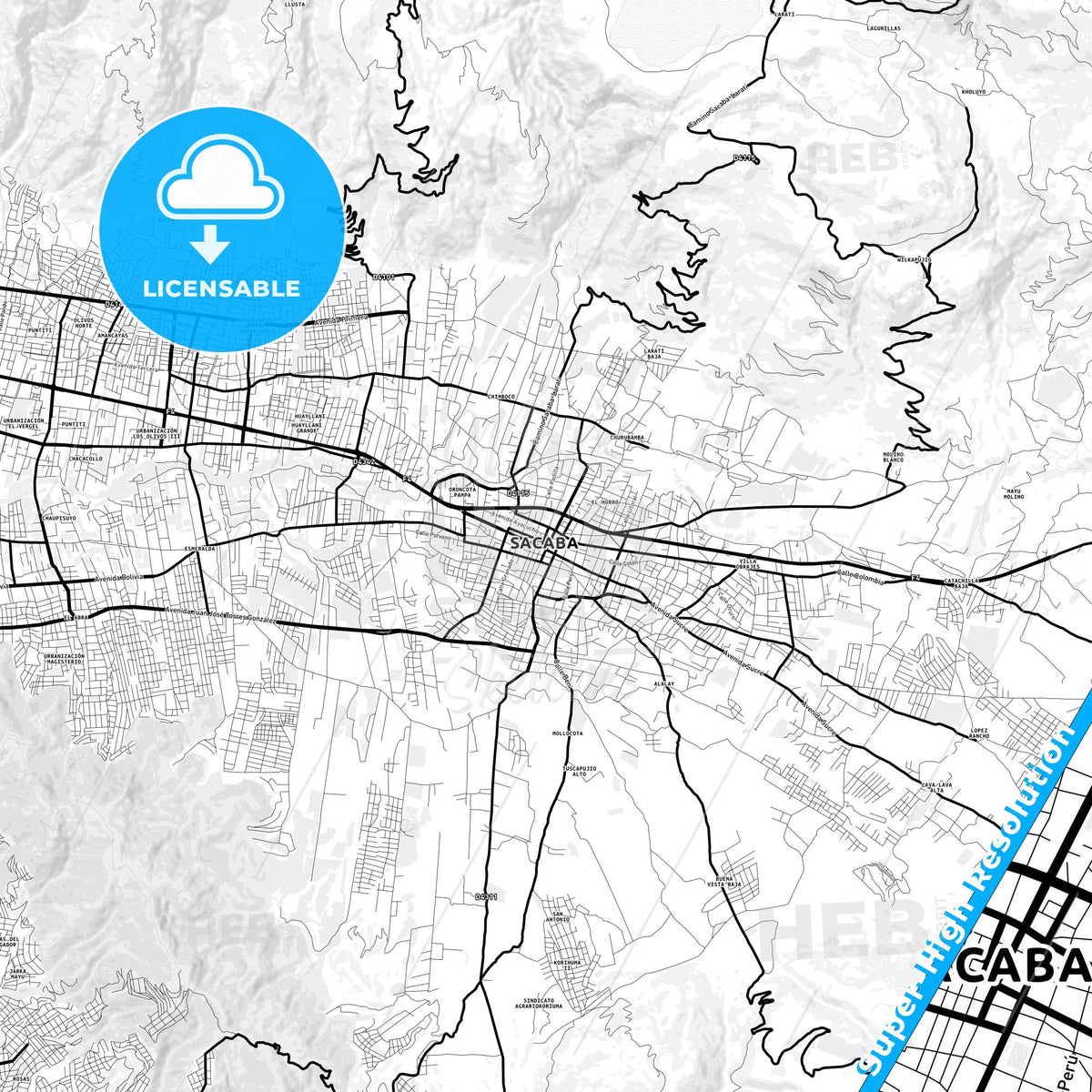 Sacaba, Bolivia Light Map with Street Names, City Names, and Districts