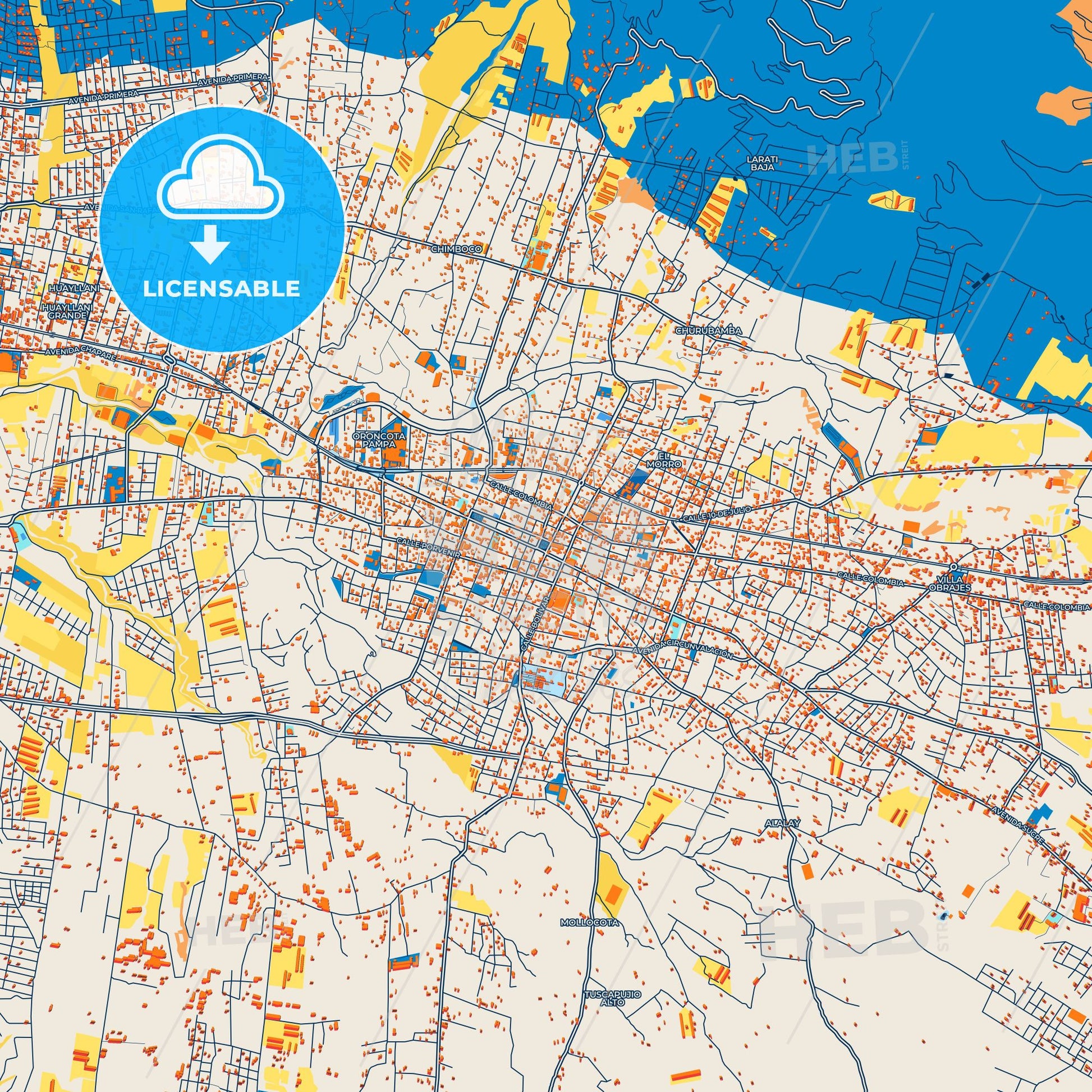 Colorful Sacaba Street Map with Labels and Buildings