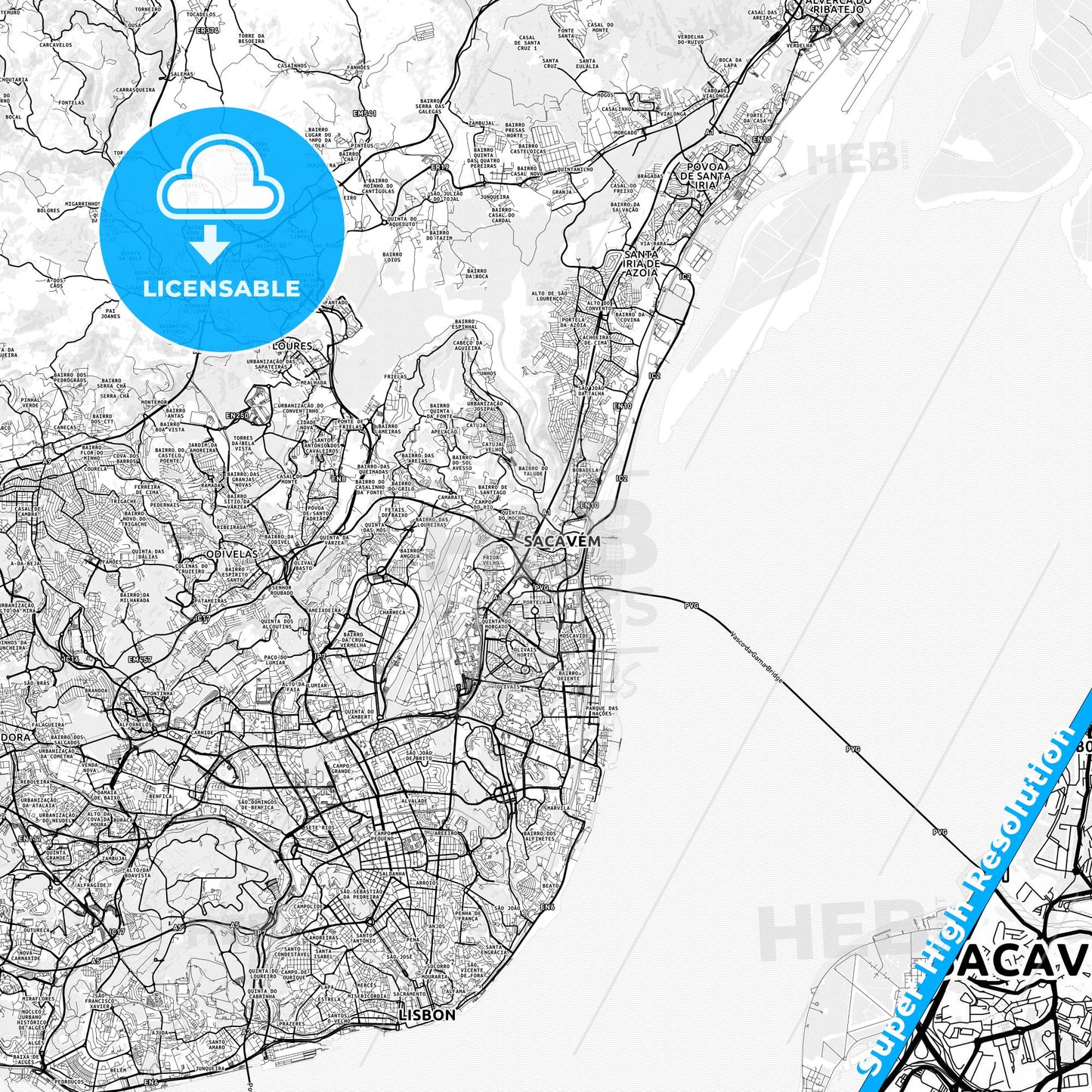 Sacavém, Portugal light map with streetnames, citynames and districts