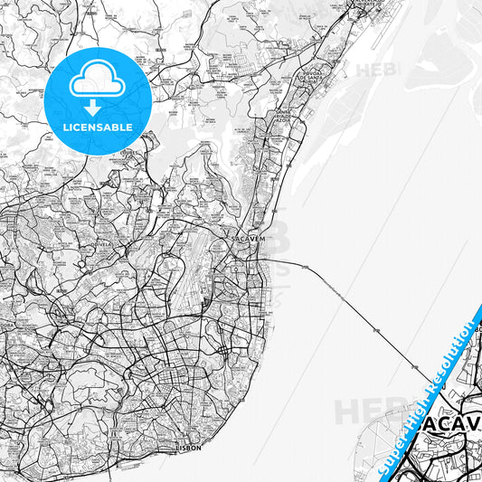 Sacavém, Portugal light map with streetnames, citynames and districts