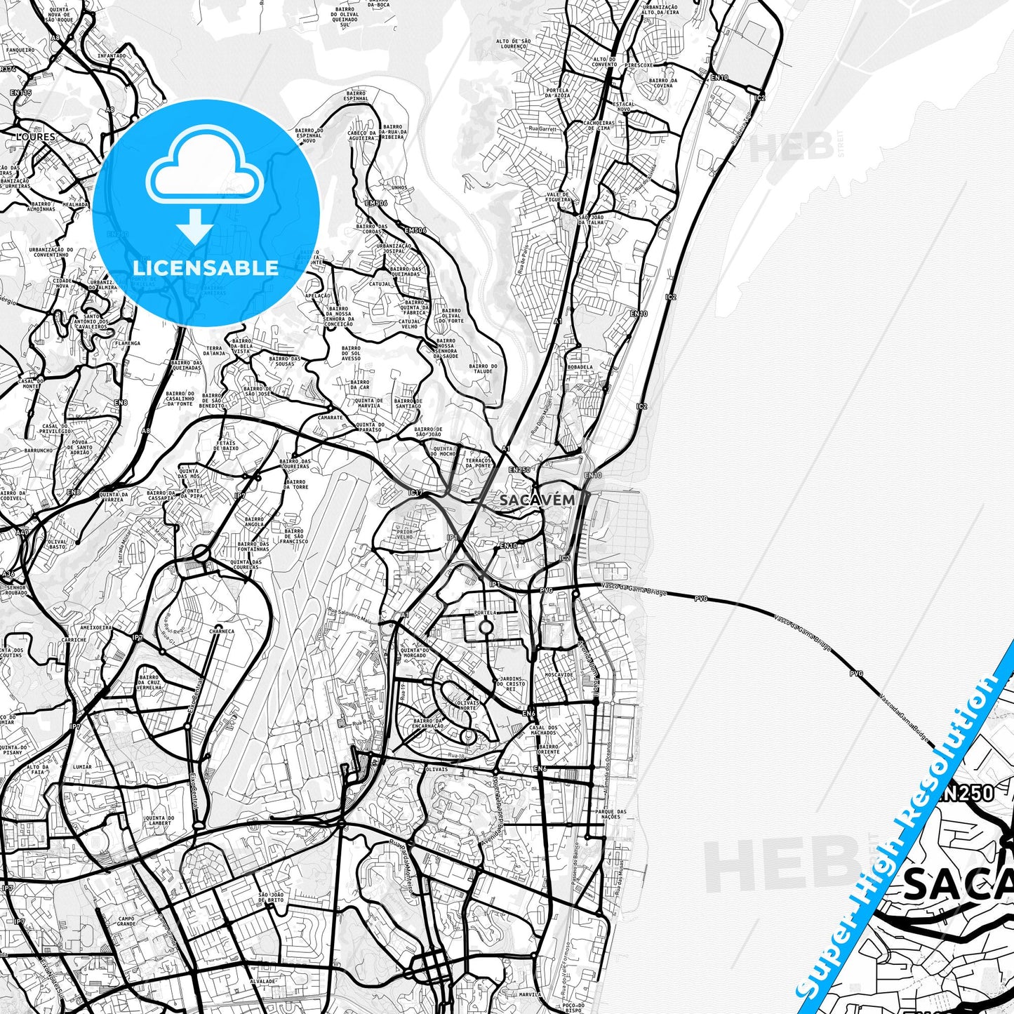 Sacavém, Portugal Light Map with Street Names, City Names, and Districts