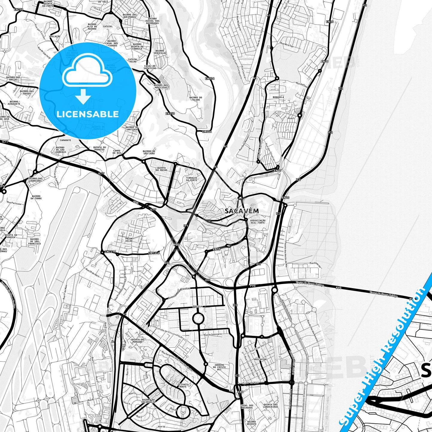 Sacavém, Portugal Light Map with Street Names, City Names, and Districts