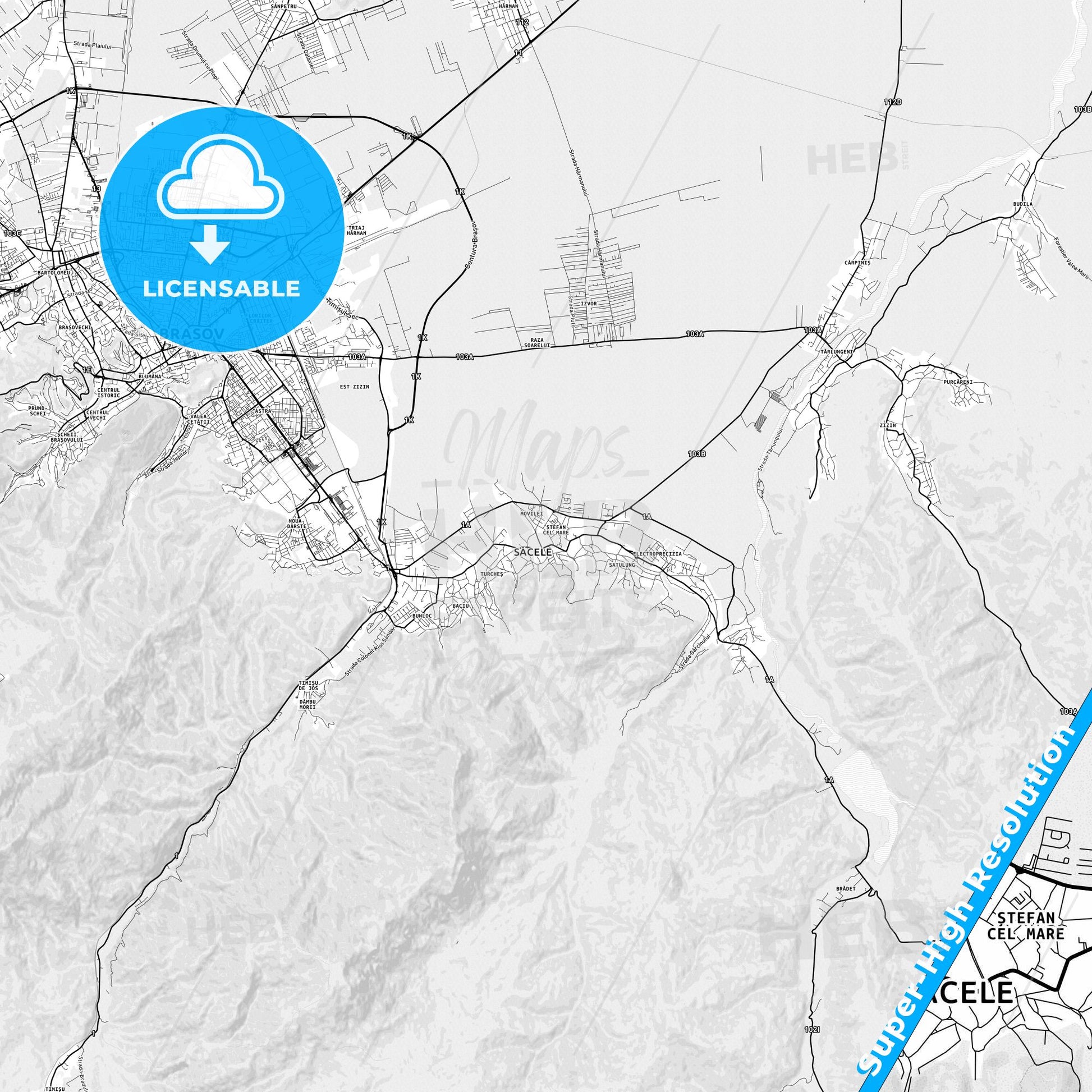 Săcele, Romania light map with streetnames, citynames and districts