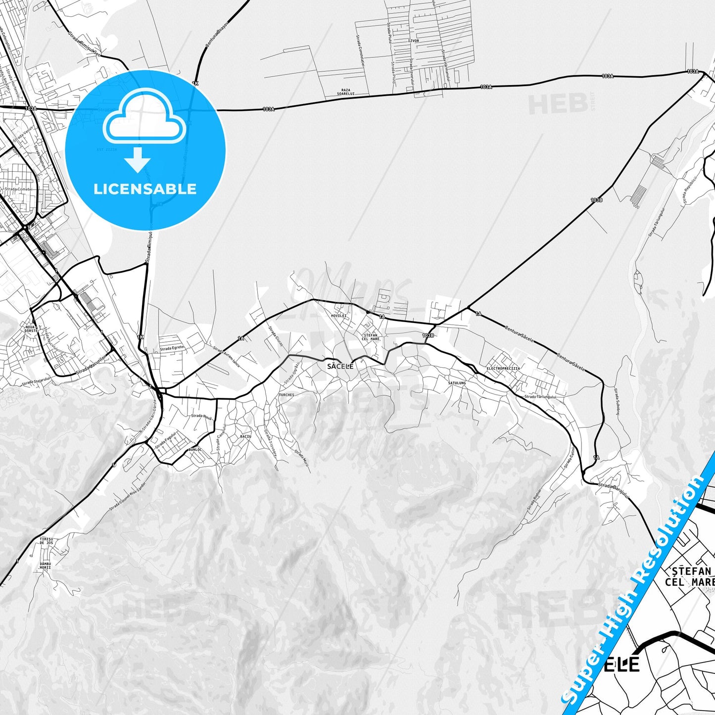 Săcele, Romania Light Map with Street Names, City Names, and Districts