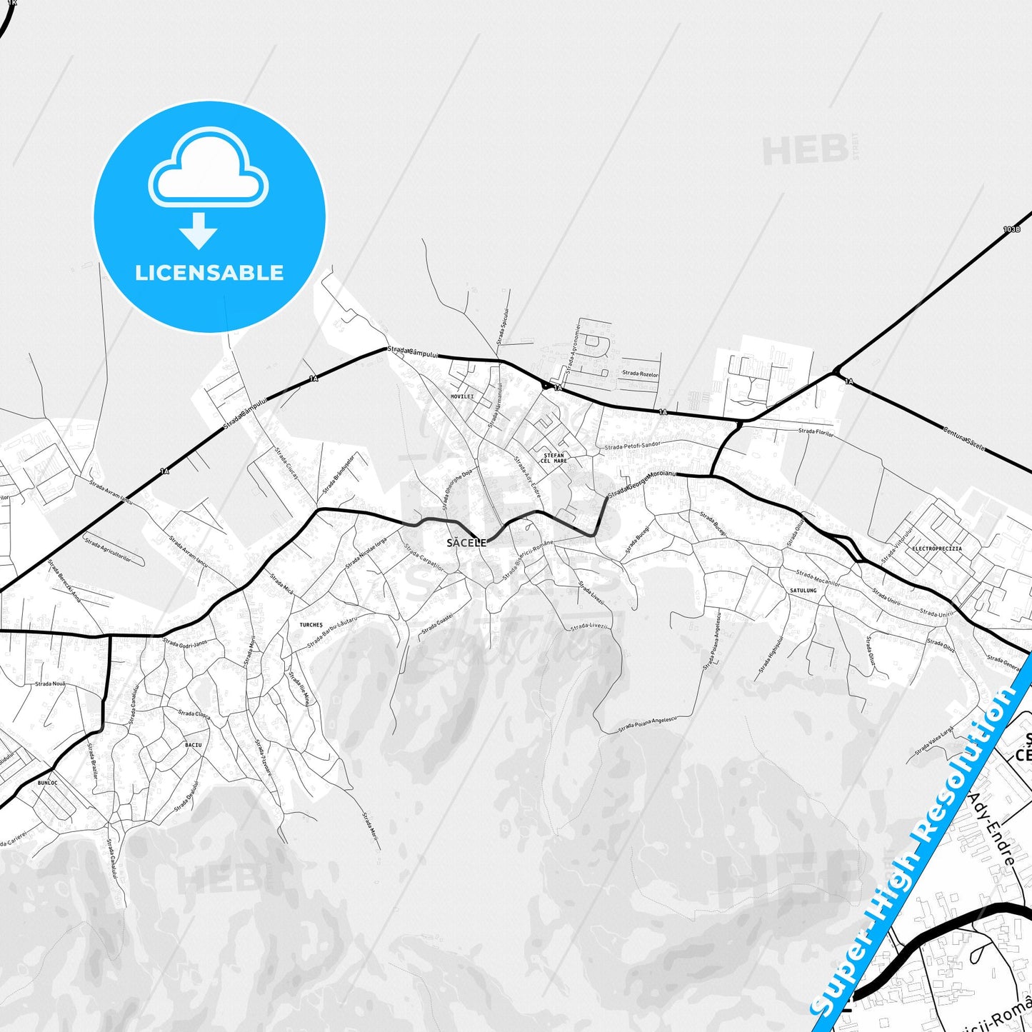 Săcele, Romania Light Map with Street Names, City Names, and Districts