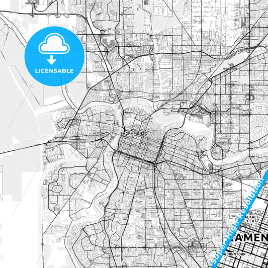 Sacramento, California light map with streetnames, citynames and districts