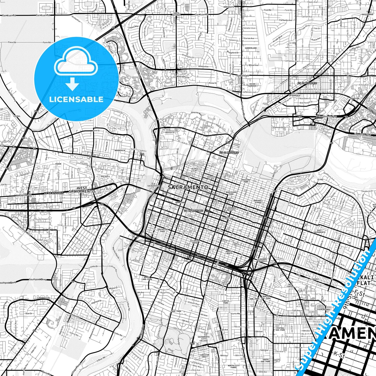Sacramento, California Light Map with Street Names, City Names, and Districts
