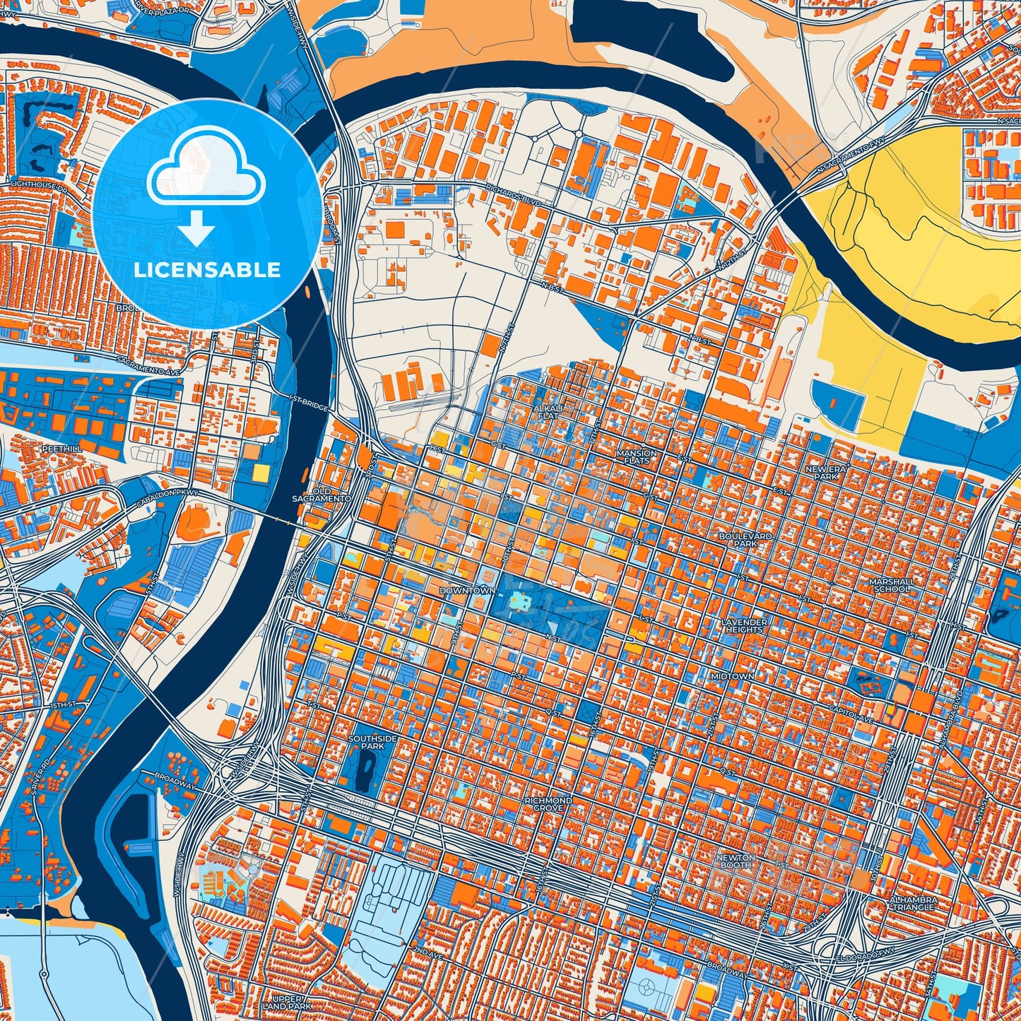 Colorful Sacramento Street Map with Labels and Buildings