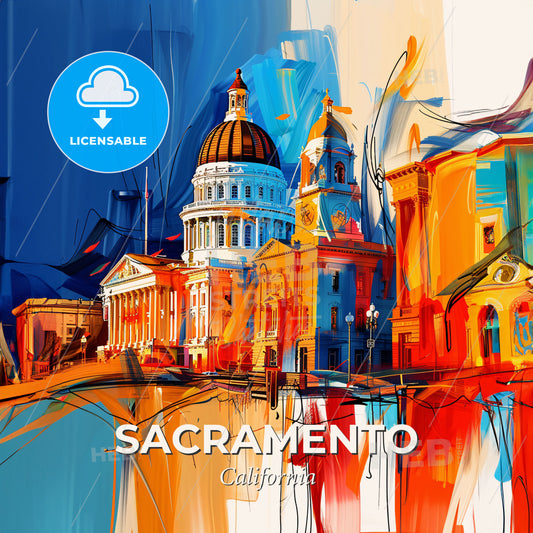 Vibrant Sacramento, California - A Colorful Painting Of A Building - Square format print template