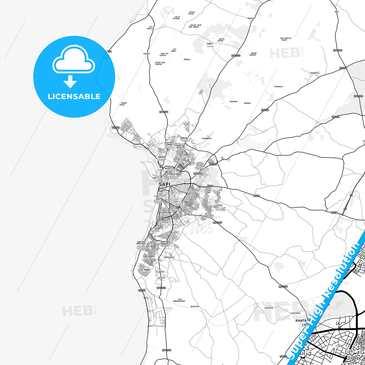 Safi, Morocco light map with streetnames, citynames and districts