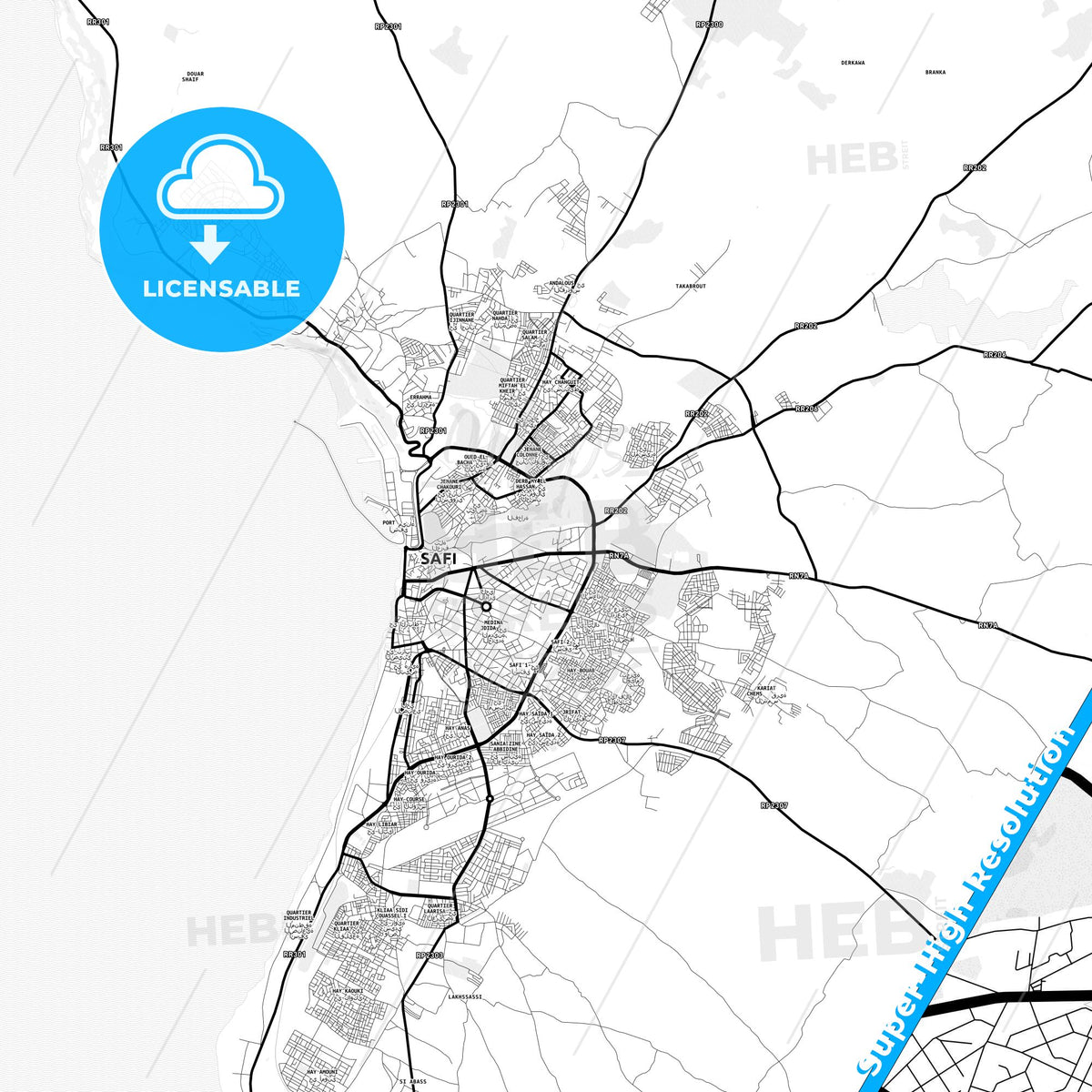 Safi, Morocco Light Map with Street Names, City Names, and Districts
