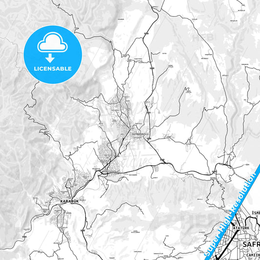Safranbolu, Turkey light map with streetnames, citynames and districts
