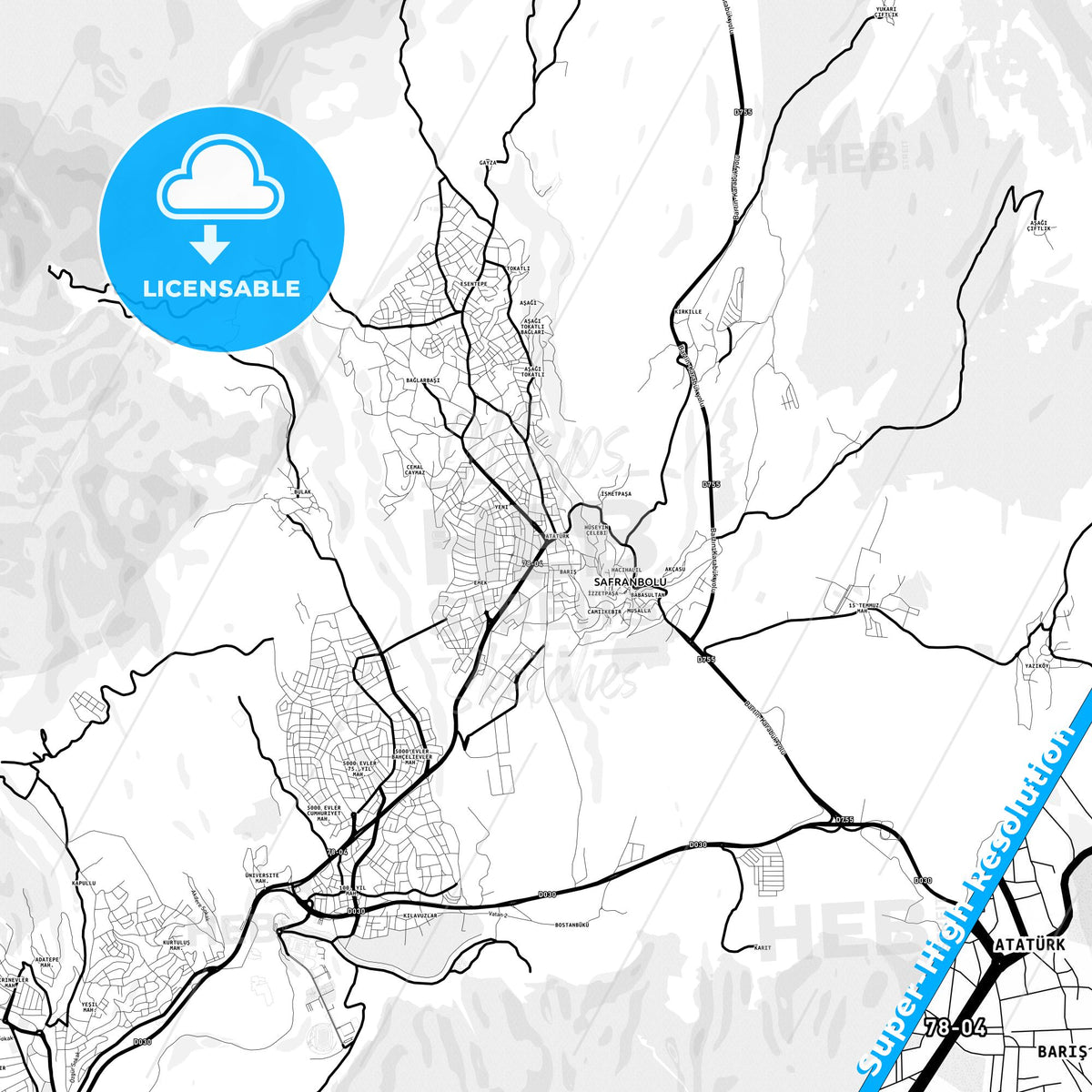 Safranbolu, Turkey Light Map with Street Names, City Names, and Districts