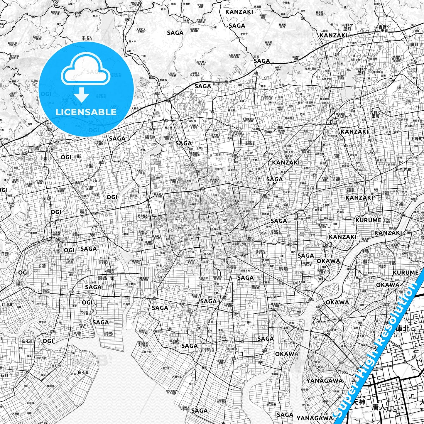 Saga, Japan light map with streetnames, citynames and districts