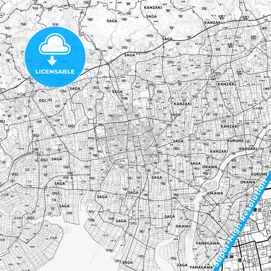 Saga, Japan light map with streetnames, citynames and districts