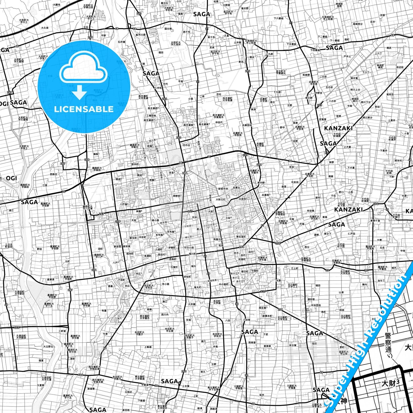 Saga, Japan Light Map with Street Names, City Names, and Districts