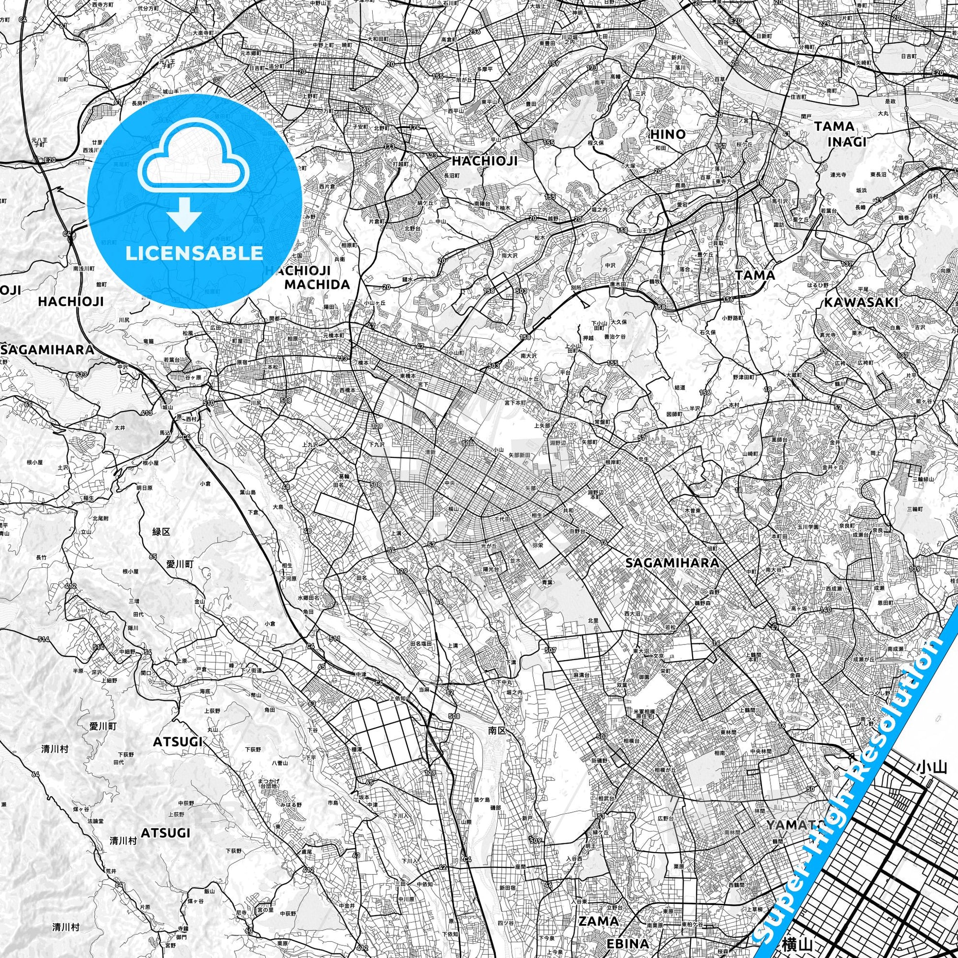 Sagamihara, Japan light map with streetnames, citynames and districts