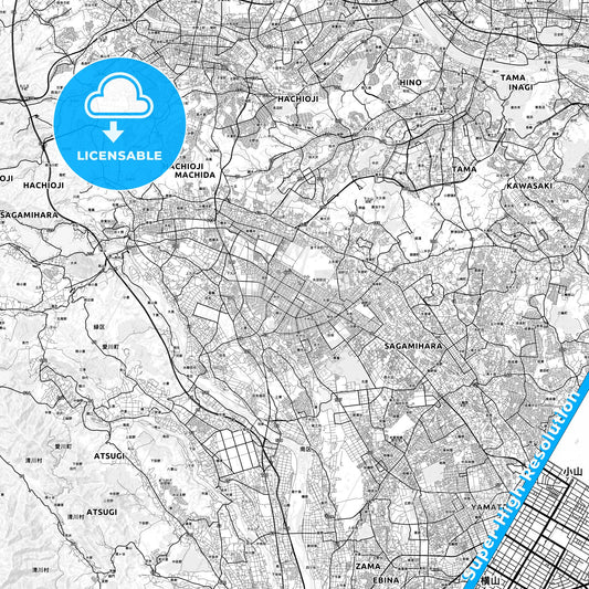 Sagamihara, Japan light map with streetnames, citynames and districts