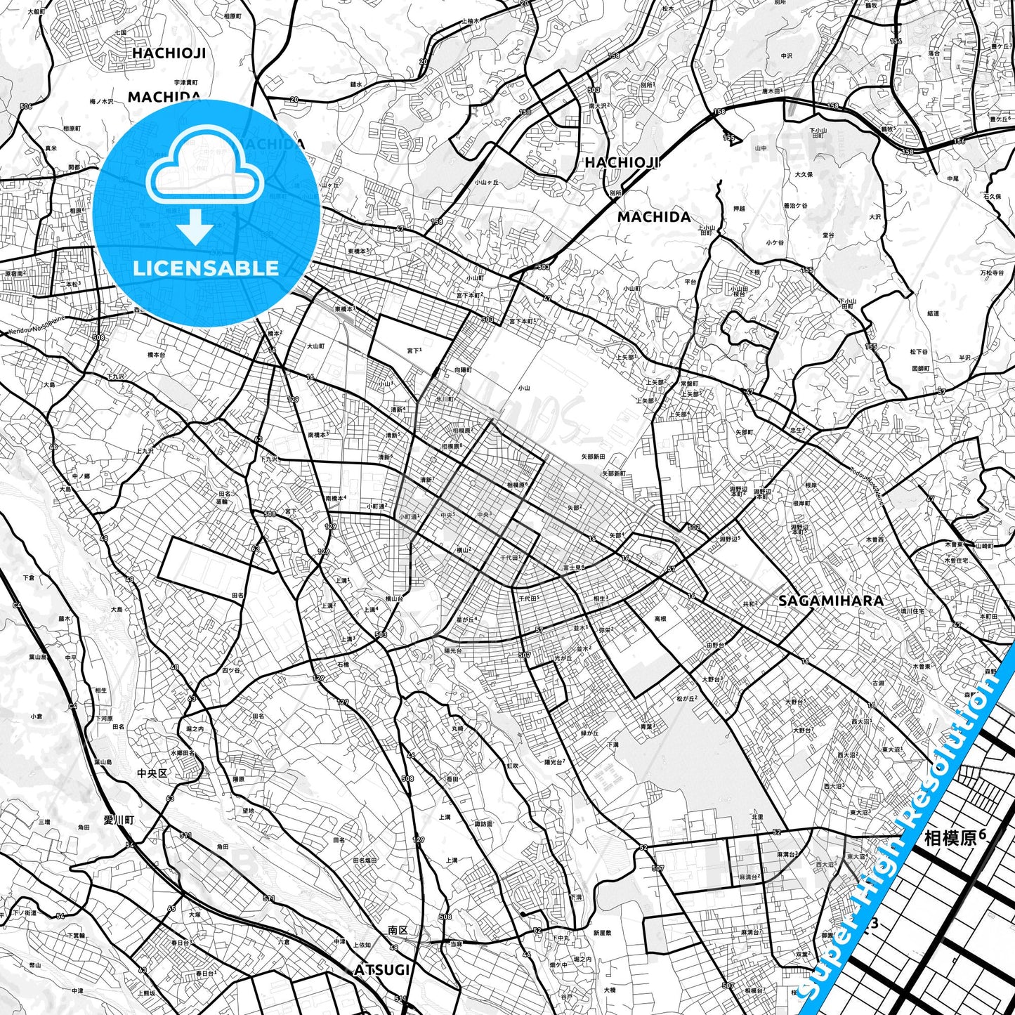Sagamihara, Japan Light Map with Street Names, City Names, and Districts