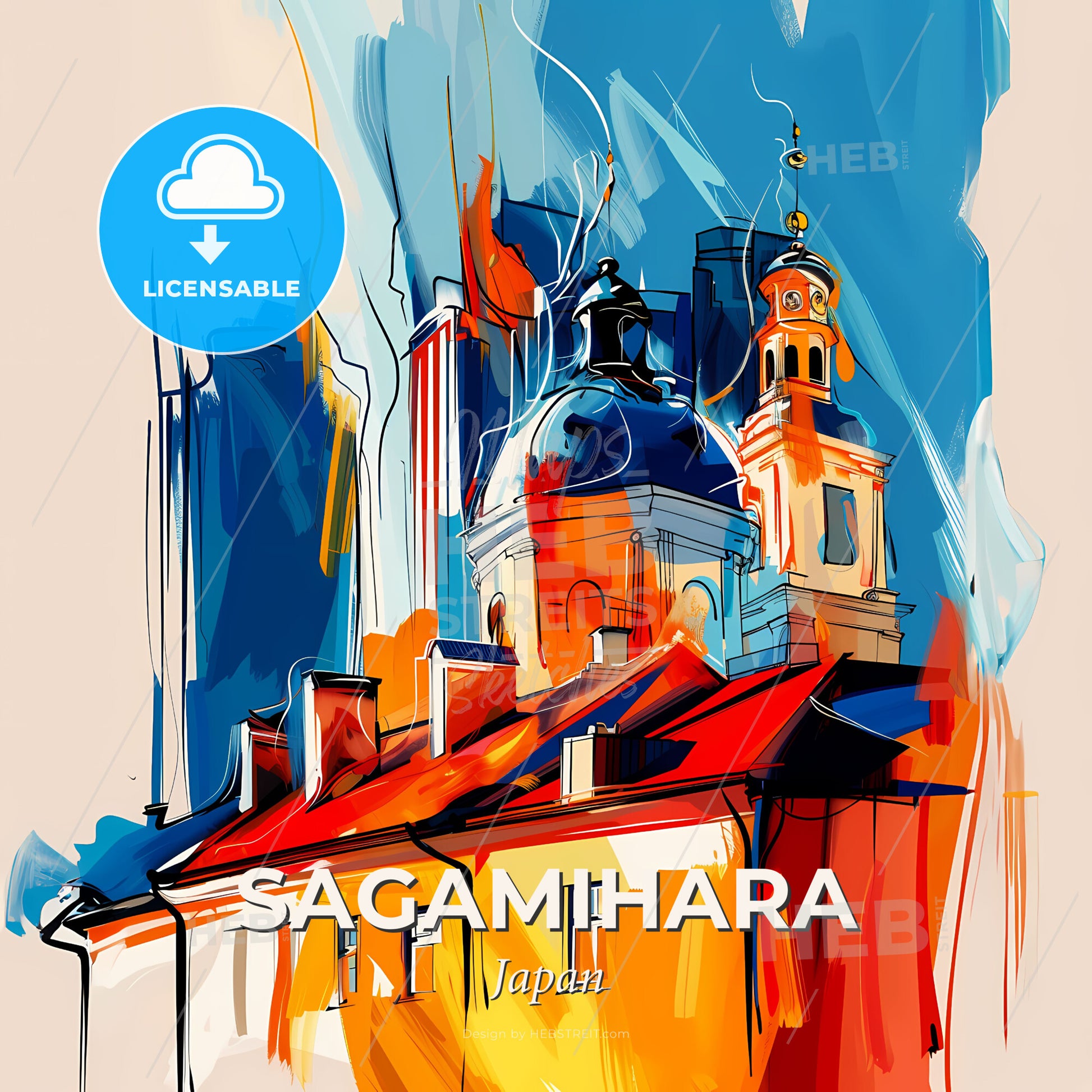 Vibrant Sagamihara, Japan - A Painting Of A Building With A Dome And A Tower - Square format print template