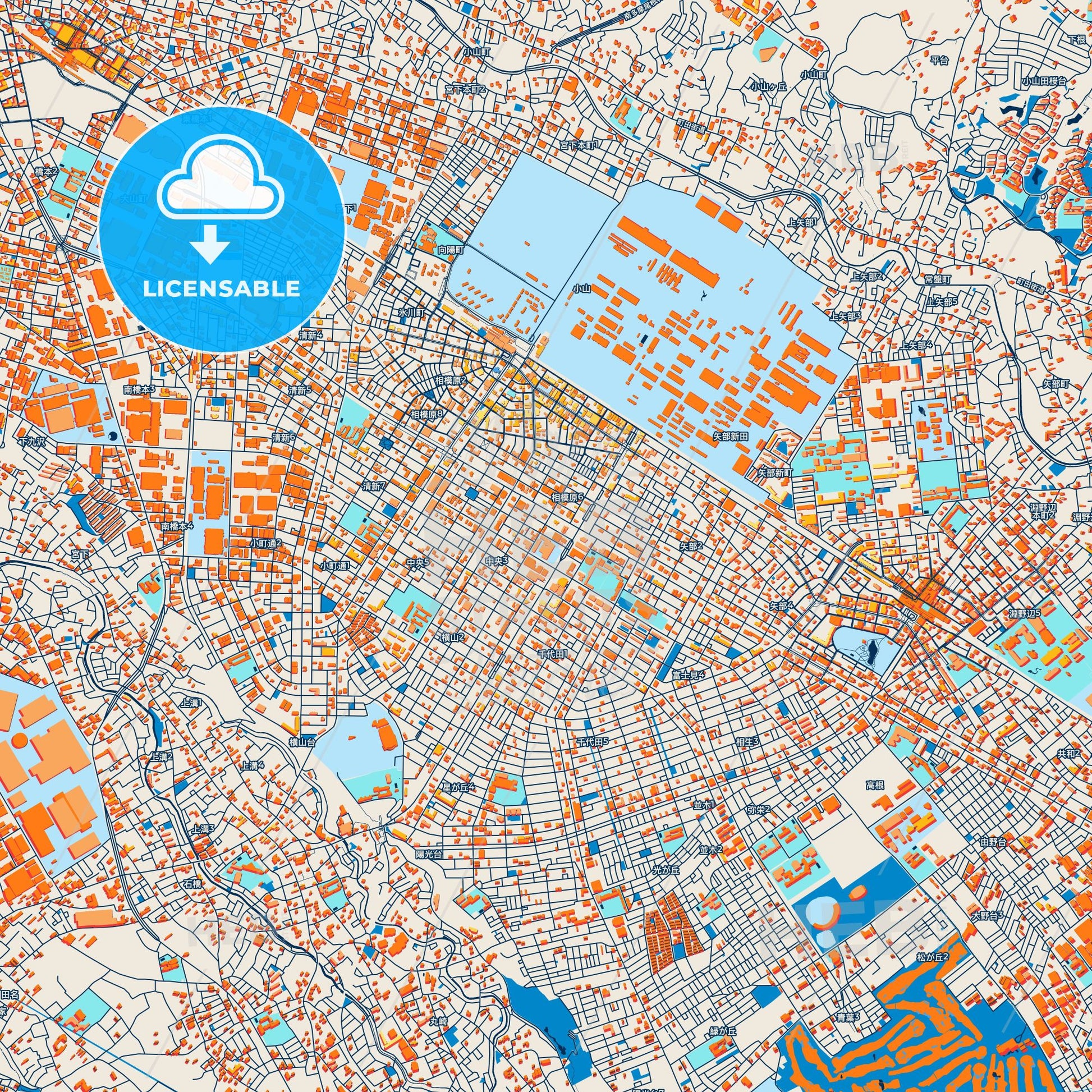 Colorful Sagamihara Street Map with Labels and Buildings