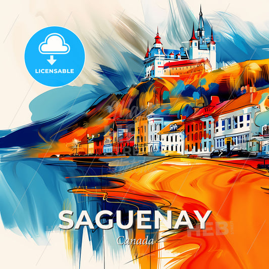 Vibrant Saguenay, Canada - A Painting Of A Castle On A Hill - Square format print template