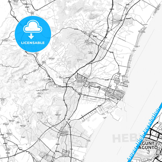 Sagunto, Spain light map with streetnames, citynames and districts