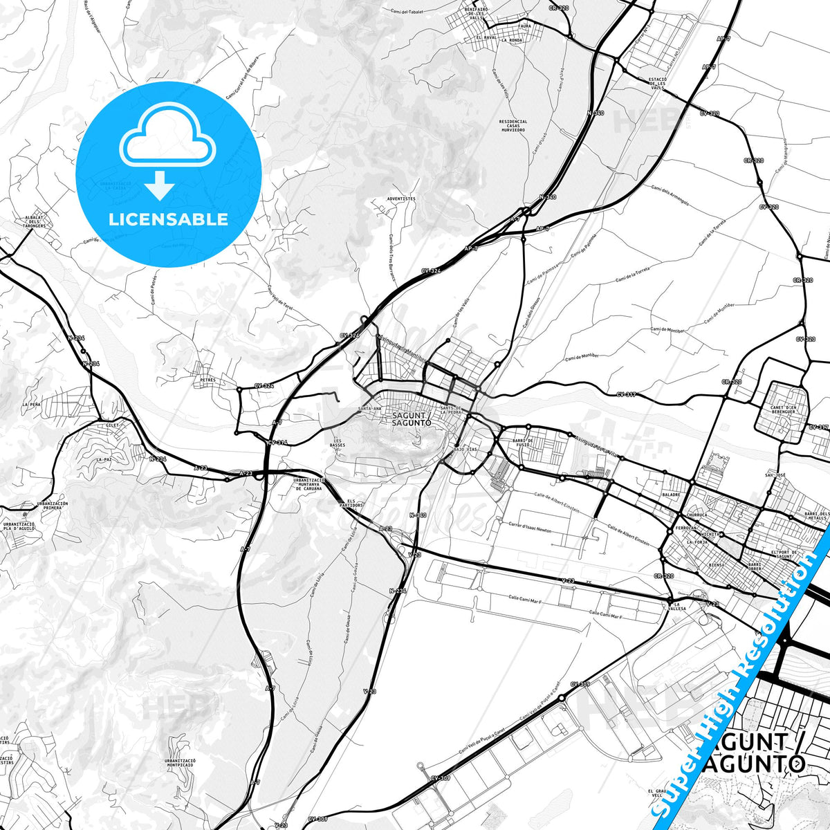 Sagunto, Spain Light Map with Street Names, City Names, and Districts