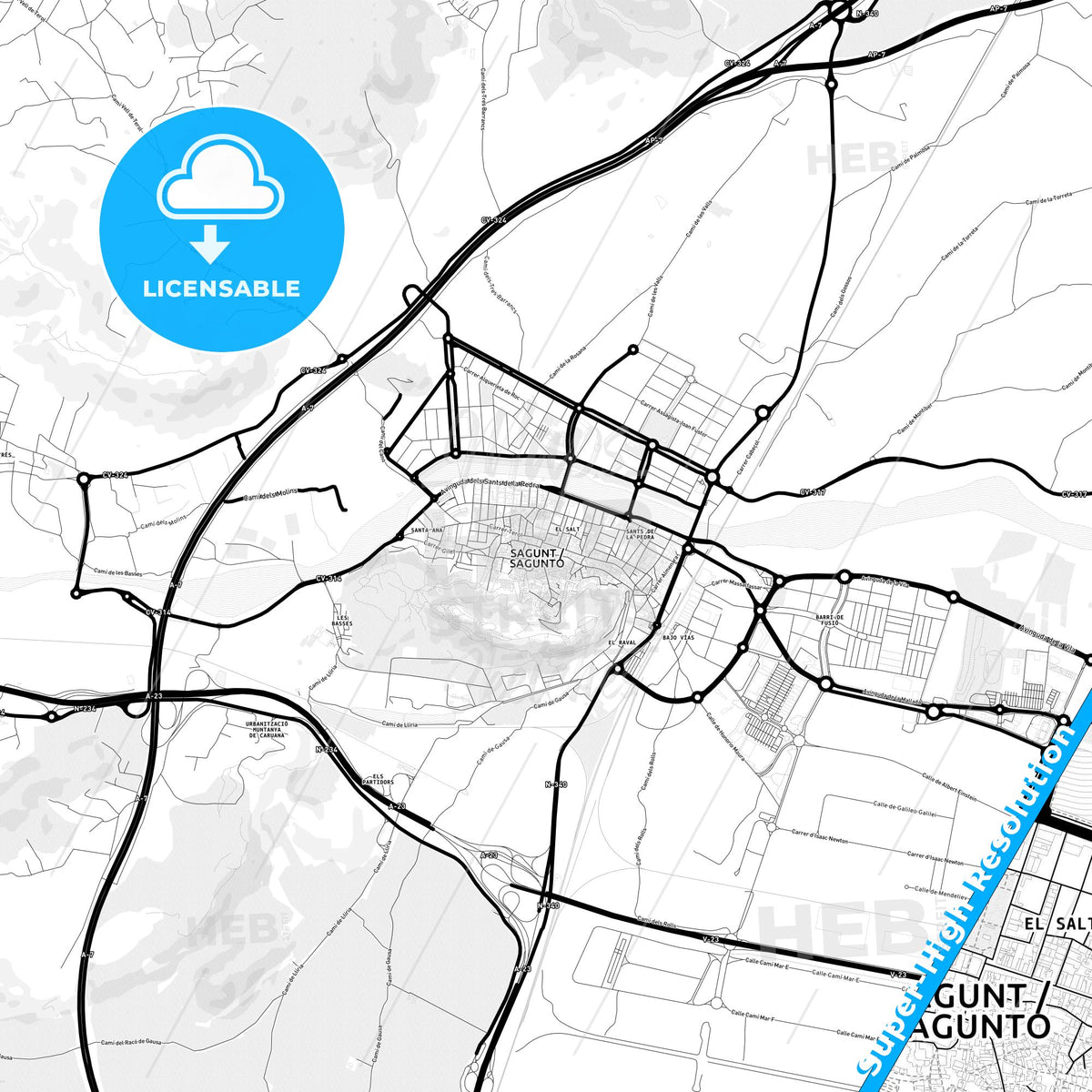 Sagunto, Spain Light Map with Street Names, City Names, and Districts