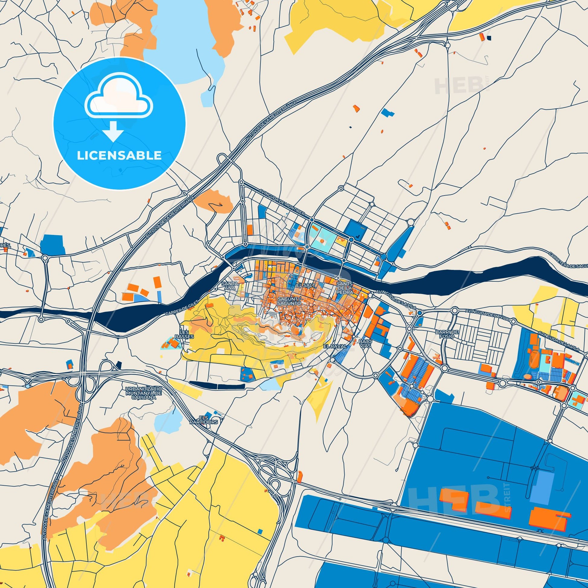 Colorful Sagunto Street Map with Labels and Buildings