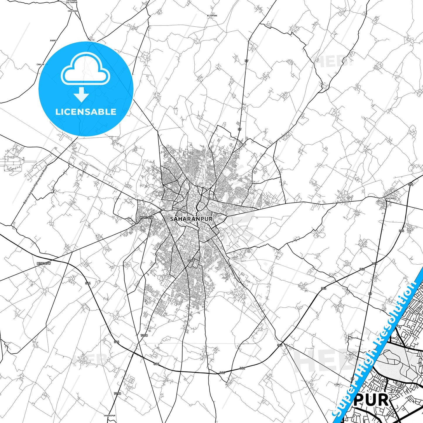 Saharanpur, India light map with streetnames, citynames and districts