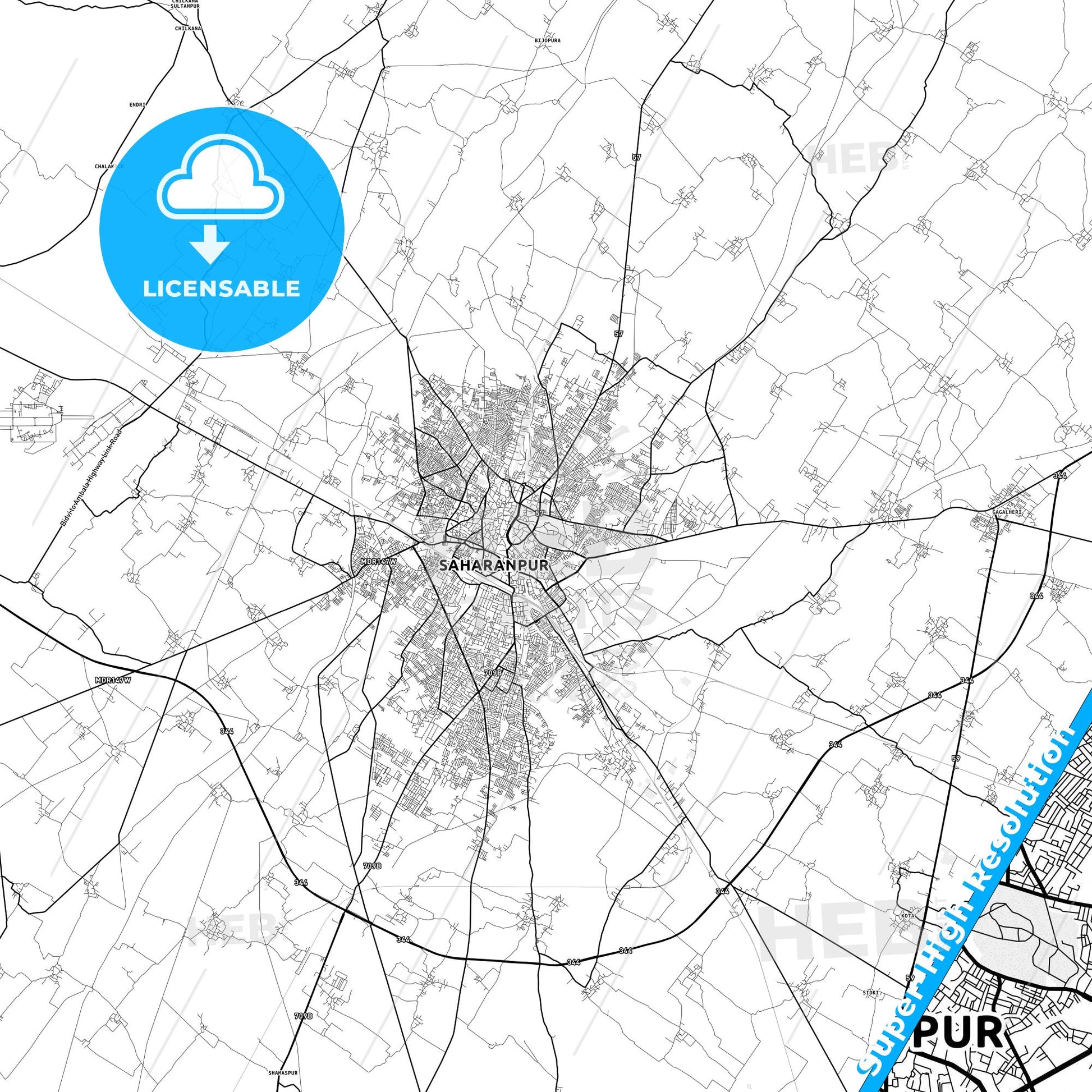 Saharanpur, India light map with streetnames, citynames and districts