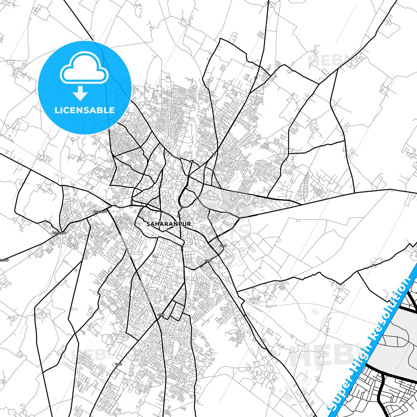 Saharanpur, India Light Map with Street Names, City Names, and Districts