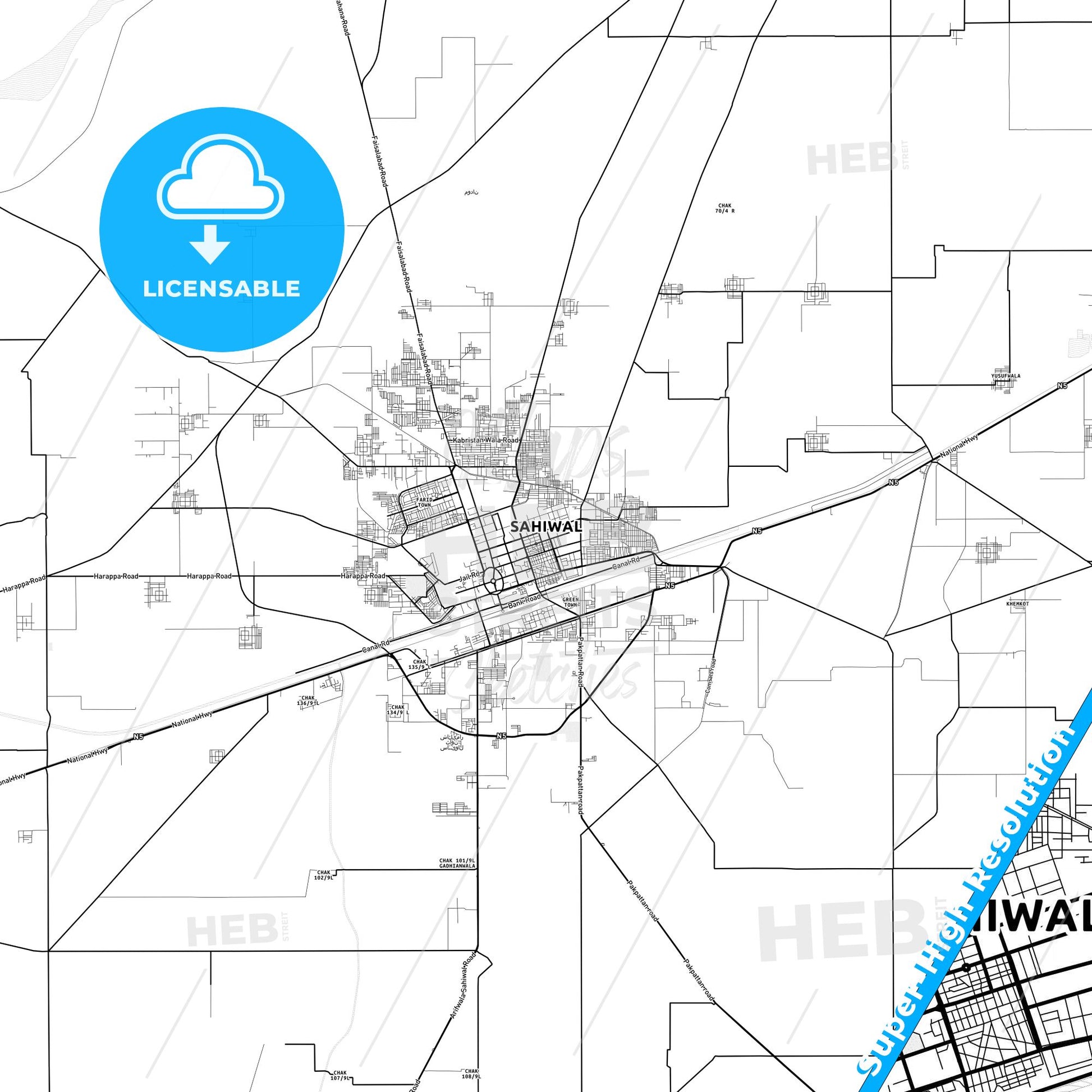 Sahiwal, Pakistan light map with streetnames, citynames and districts