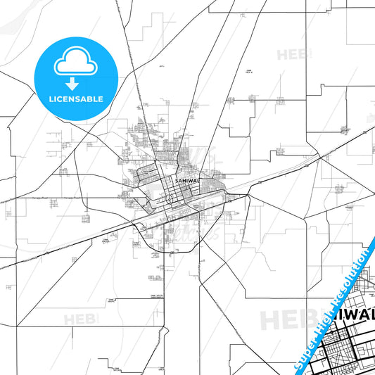 Sahiwal, Pakistan light map with streetnames, citynames and districts