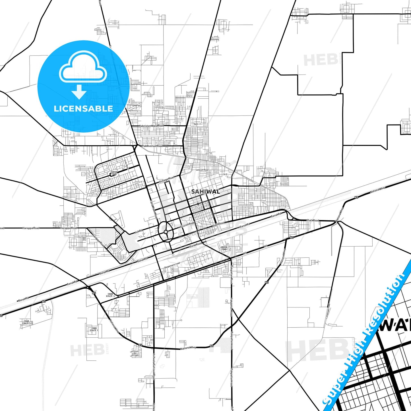 Sahiwal, Pakistan Light Map with Street Names, City Names, and Districts