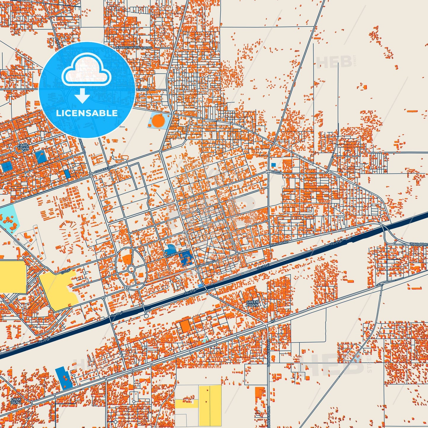 Colorful Sahiwal Street Map with Labels and Buildings